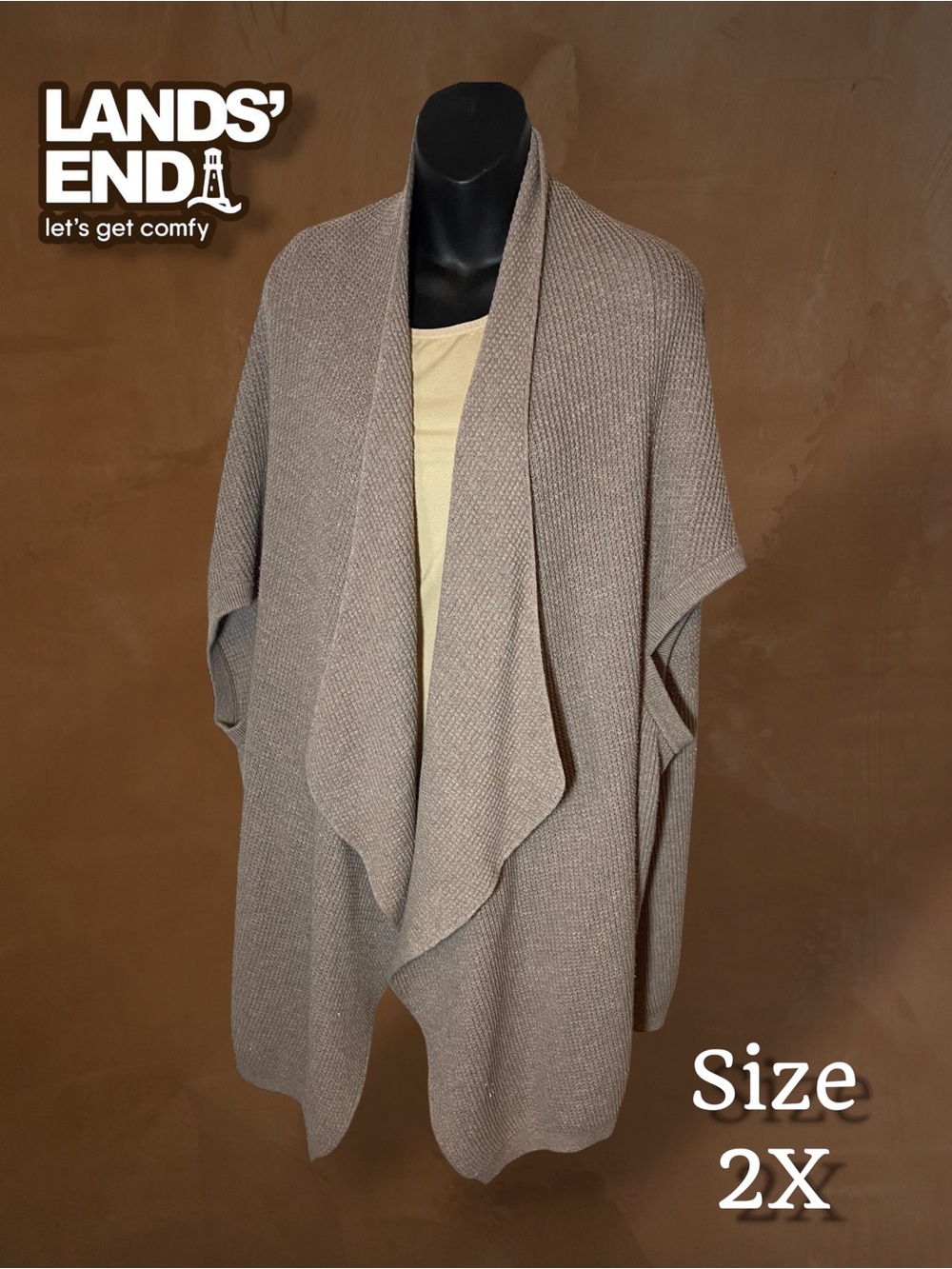 Lands End Taupe Open-Front Dolman Sleeve Waterfall Cardigan Sweater Size 2X